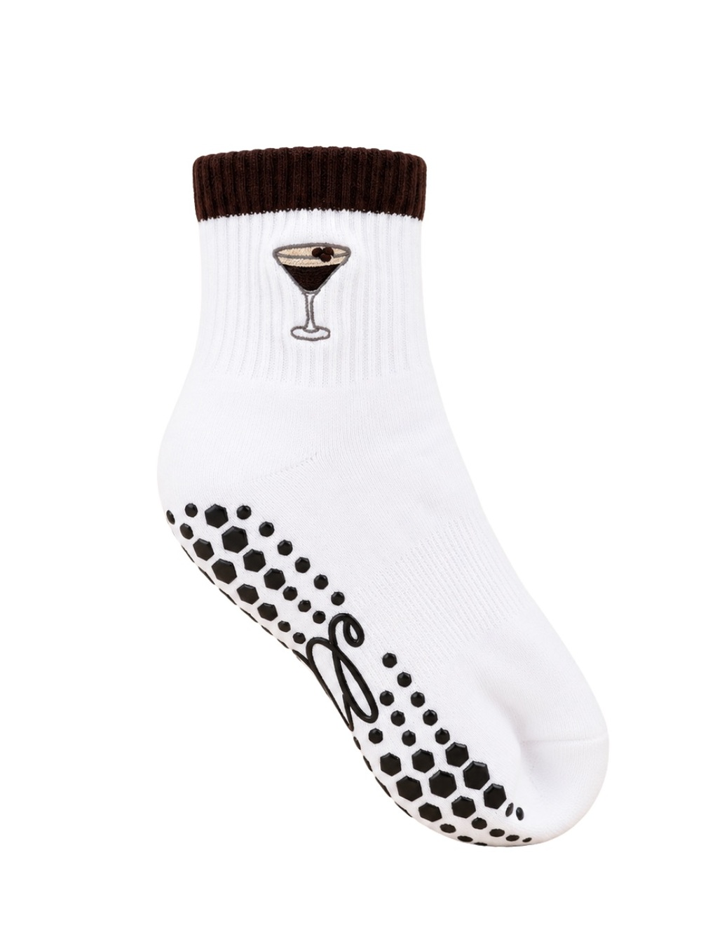 Men's White Ankle Socks with Brown Cuff and Cocktail Motif